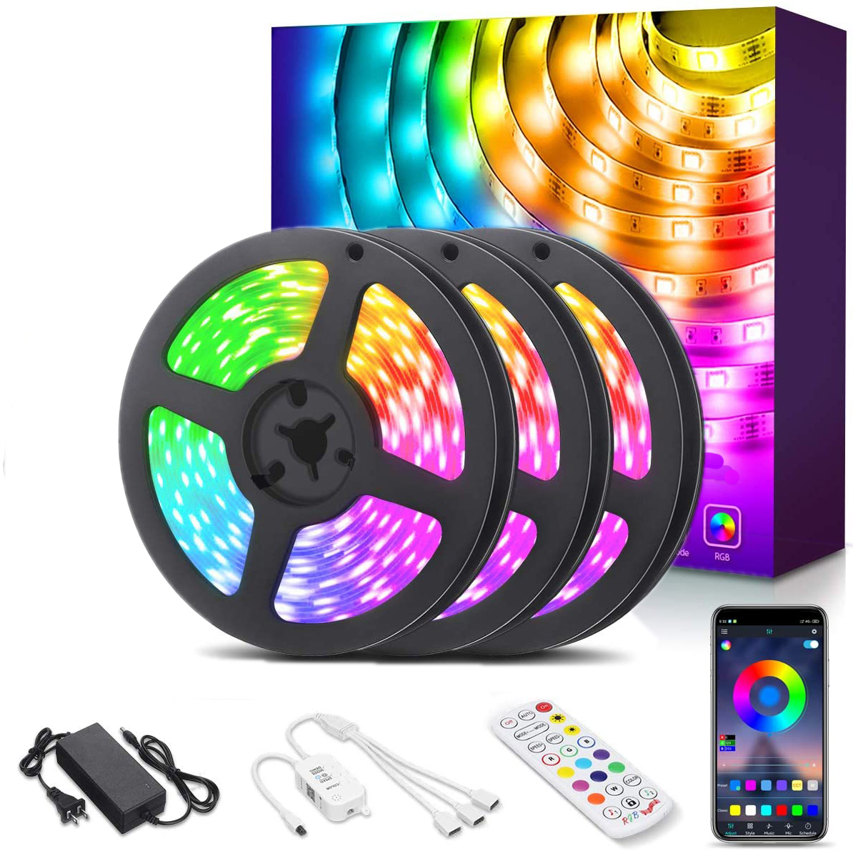 LED Strip Lights 39.4ft 5050 LED RGB Light Strips App IR Remote Controller Color Changing Wireless Music Sync Neon Flexible Tape Waterproof Rope Lights for Bedroom Room Home Kitchen