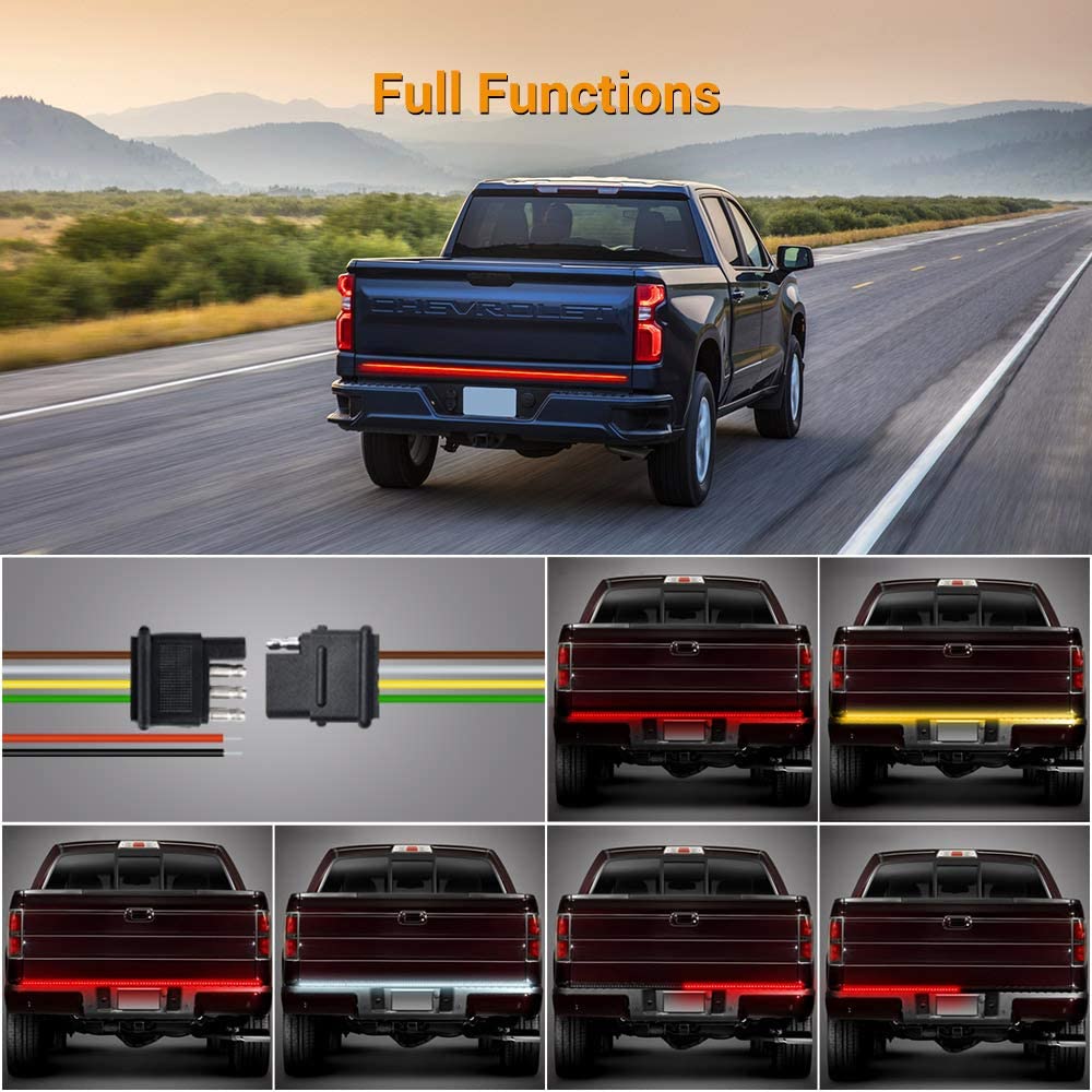 60" Triple 504 LEDs Truck Tailgate Side Bed Light Bar Strip Sequential Amber Brake Running Turn Signal Red/White Reverse