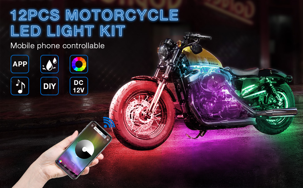 12Pcs Motorcycle LED Light Kit Strips APP/IR/RF Wireless Underglow Neon Lights Atmosphere Lamp