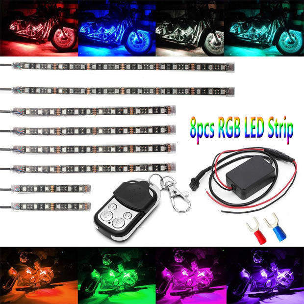 8pcs Motorcycle LED Light Flexible Strip Kit Multi-Color Neon Accent Glow Lights with RF Remote Controller