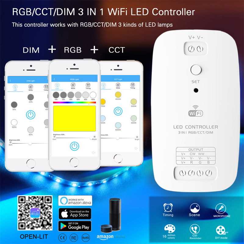 Il controller WiFi Dim CCT da 3 in 1 RGB funziona con Alexa per le luci a strisce LED flessibili